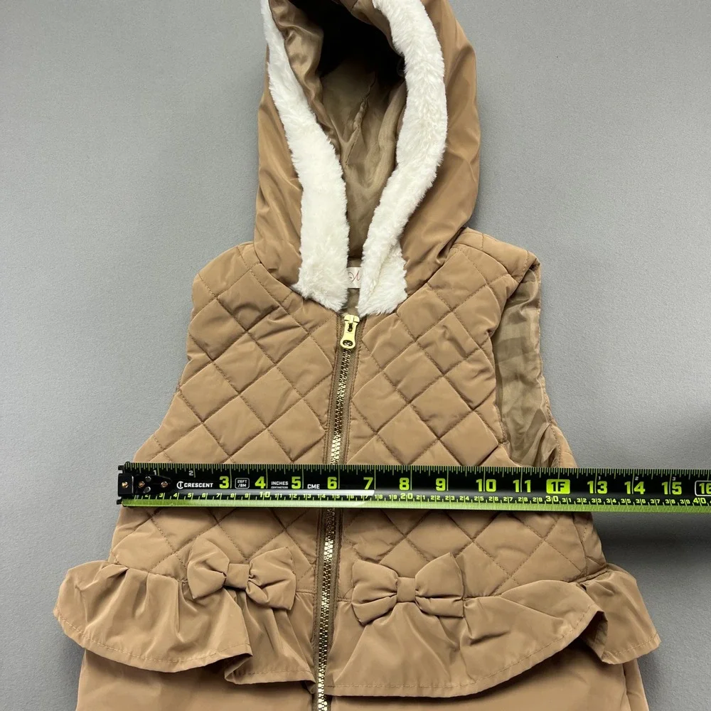 Nannette Puffer Vest Girls 6 Brown Lined Quilted Hooded Bow Insulated Full Zip